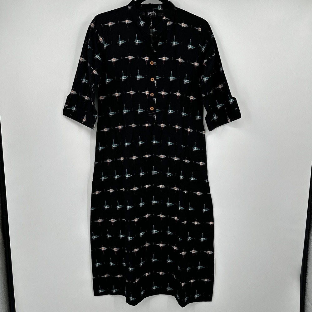 NWT Soch Black Ikat Print Mandarin Collar‎ Midi Dress Women's Size Small